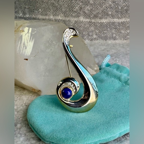 Silver & Gold Tone Blue Swirl Brooch - Picture 2 of 11